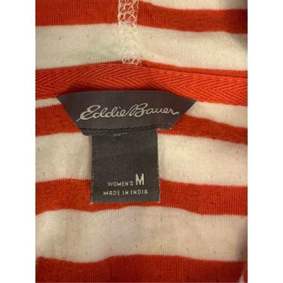Eddie Bauer Womens Red / White Striped Pullover hooded shirt Rounded Hems Medium - Picture 3 of 4